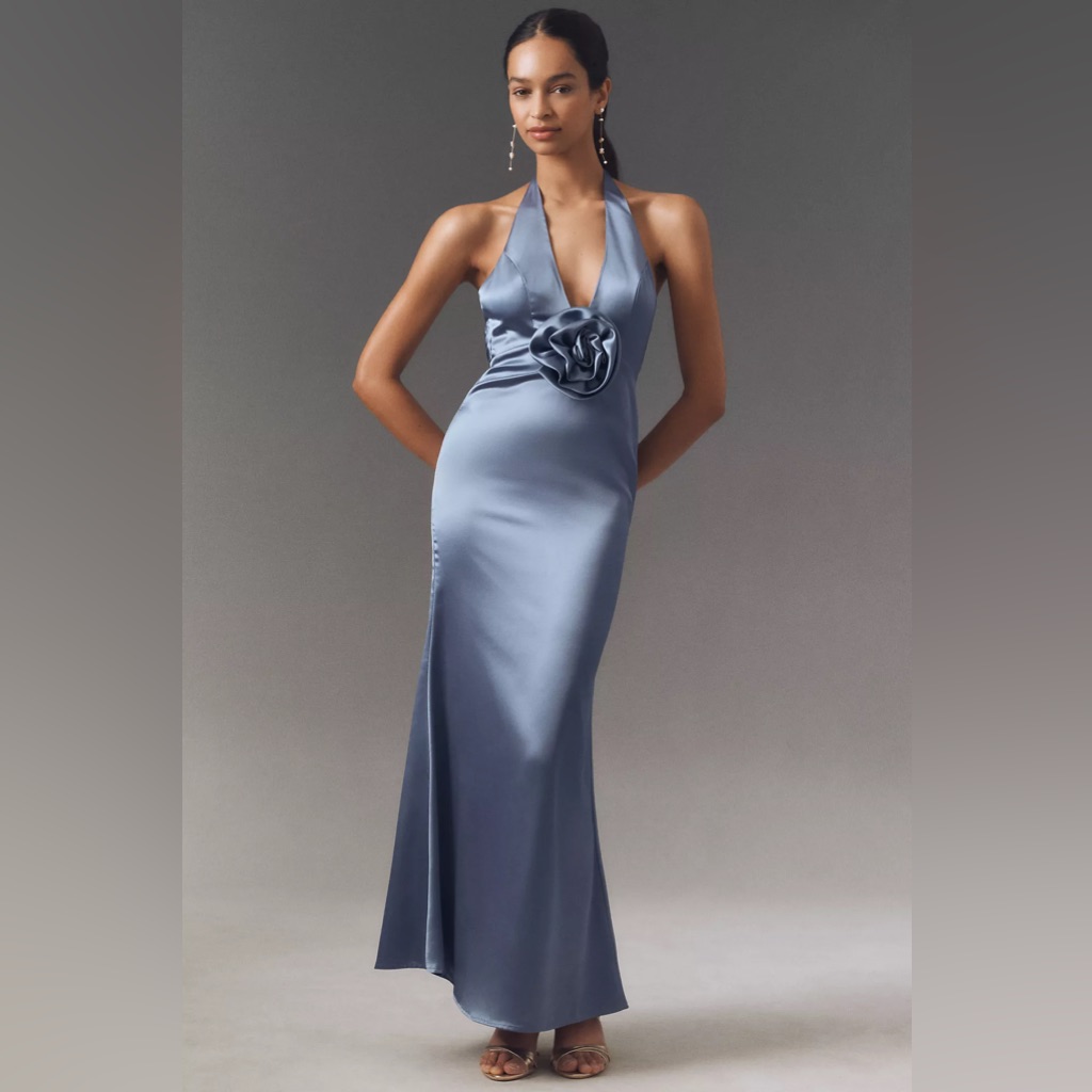 Mac Duggal Blue Satin Halter Slip Dress With Rosette Detail Anthropologie